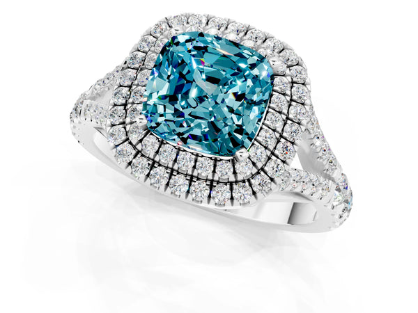 Silver Double Halo Cushion Cut Blue Topaz Pavé Split Shank Ring with Prong Setting