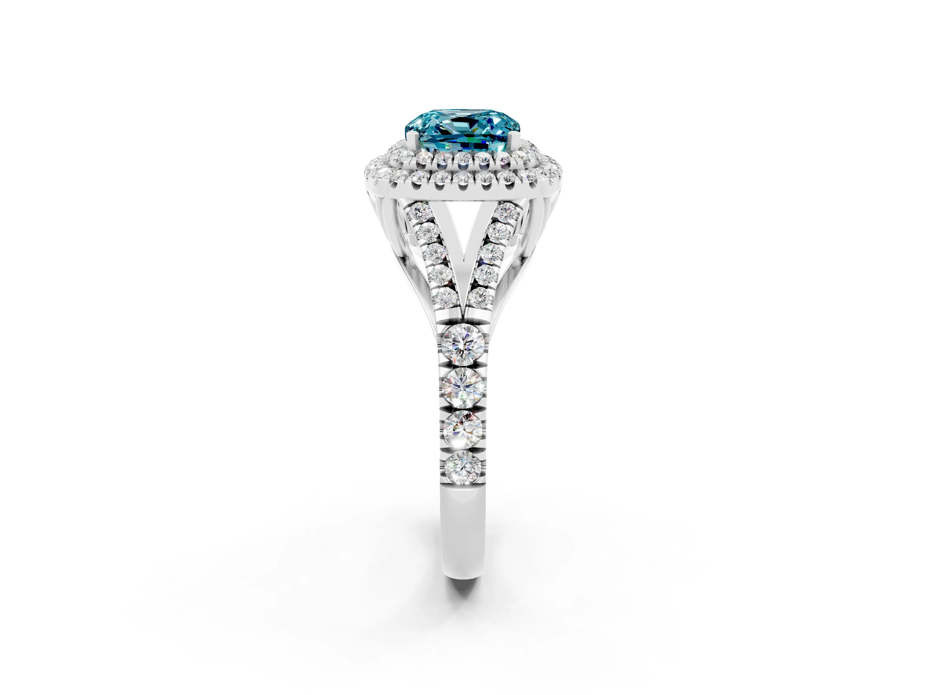 White gold Double Halo Cushion Cut Blue Topaz Pavé Split Shank Ring with Prong Setting_2