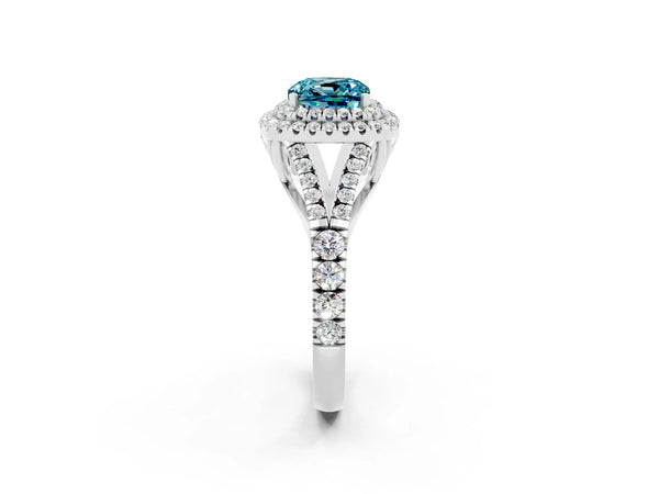 Silver Double Halo Cushion Cut Blue Topaz Pavé Split Shank Ring with Prong Setting