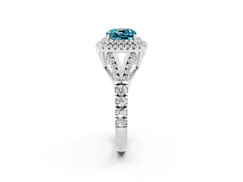 White gold Double Halo Cushion Cut Blue Topaz Pavé Split Shank Ring with Prong Setting_2