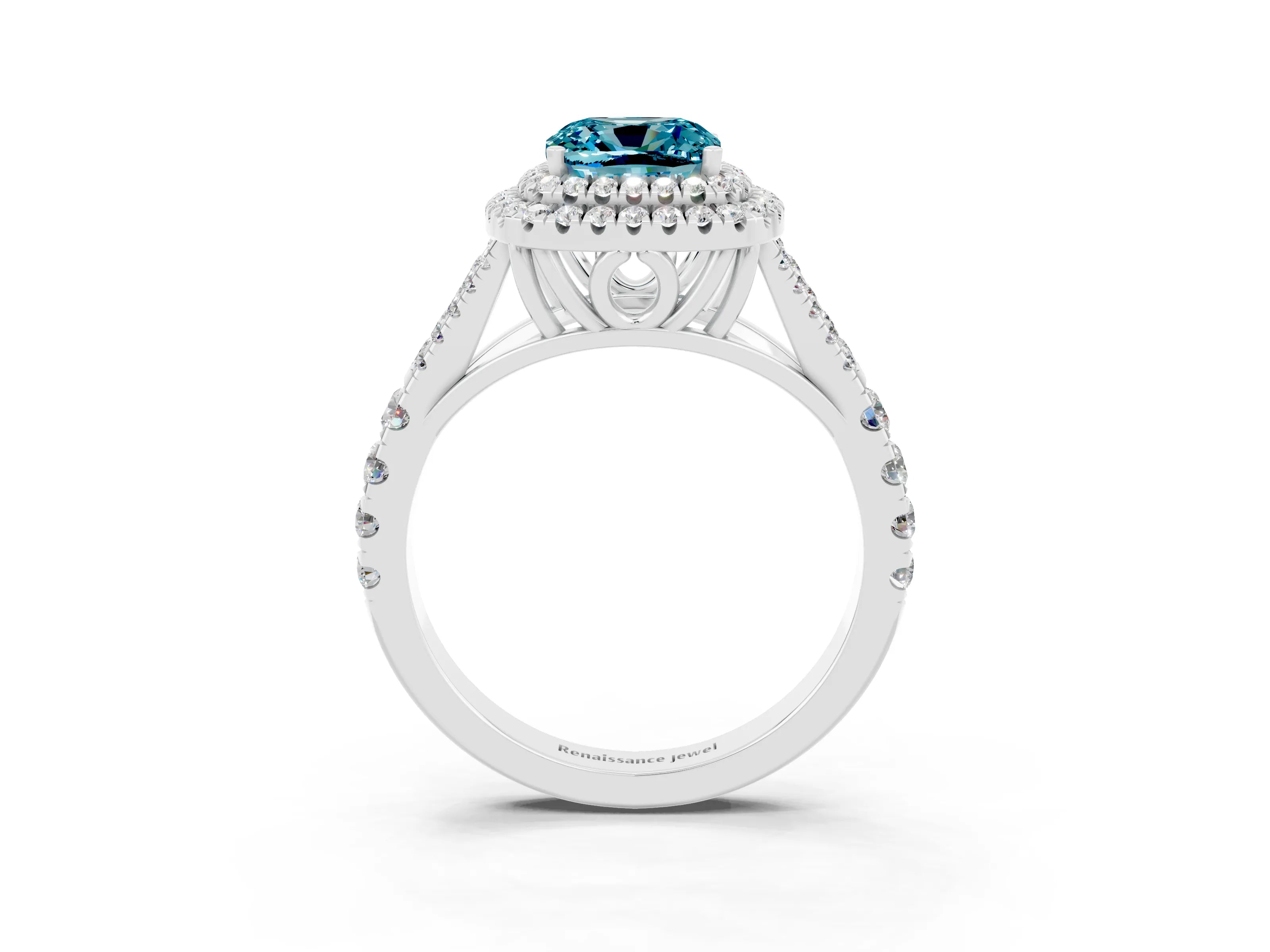 White gold Double Halo Cushion Cut Blue Topaz Pavé Split Shank Ring with Prong Setting_3
