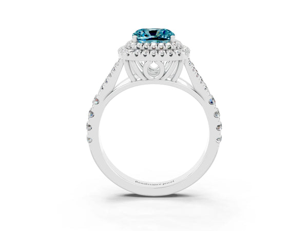 Silver Double Halo Cushion Cut Blue Topaz Pavé Split Shank Ring with Prong Setting