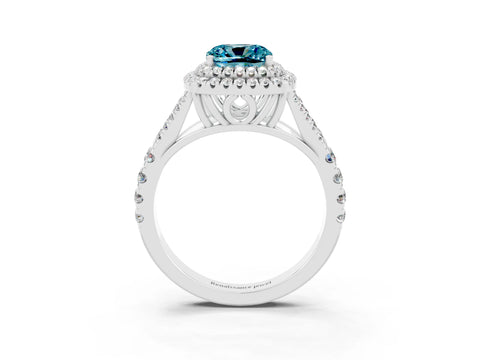 White gold Double Halo Cushion Cut Blue Topaz Pavé Split Shank Ring with Prong Setting_3