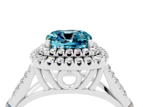 White gold Double Halo Cushion Cut Blue Topaz Pavé Split Shank Ring with Prong Setting_4