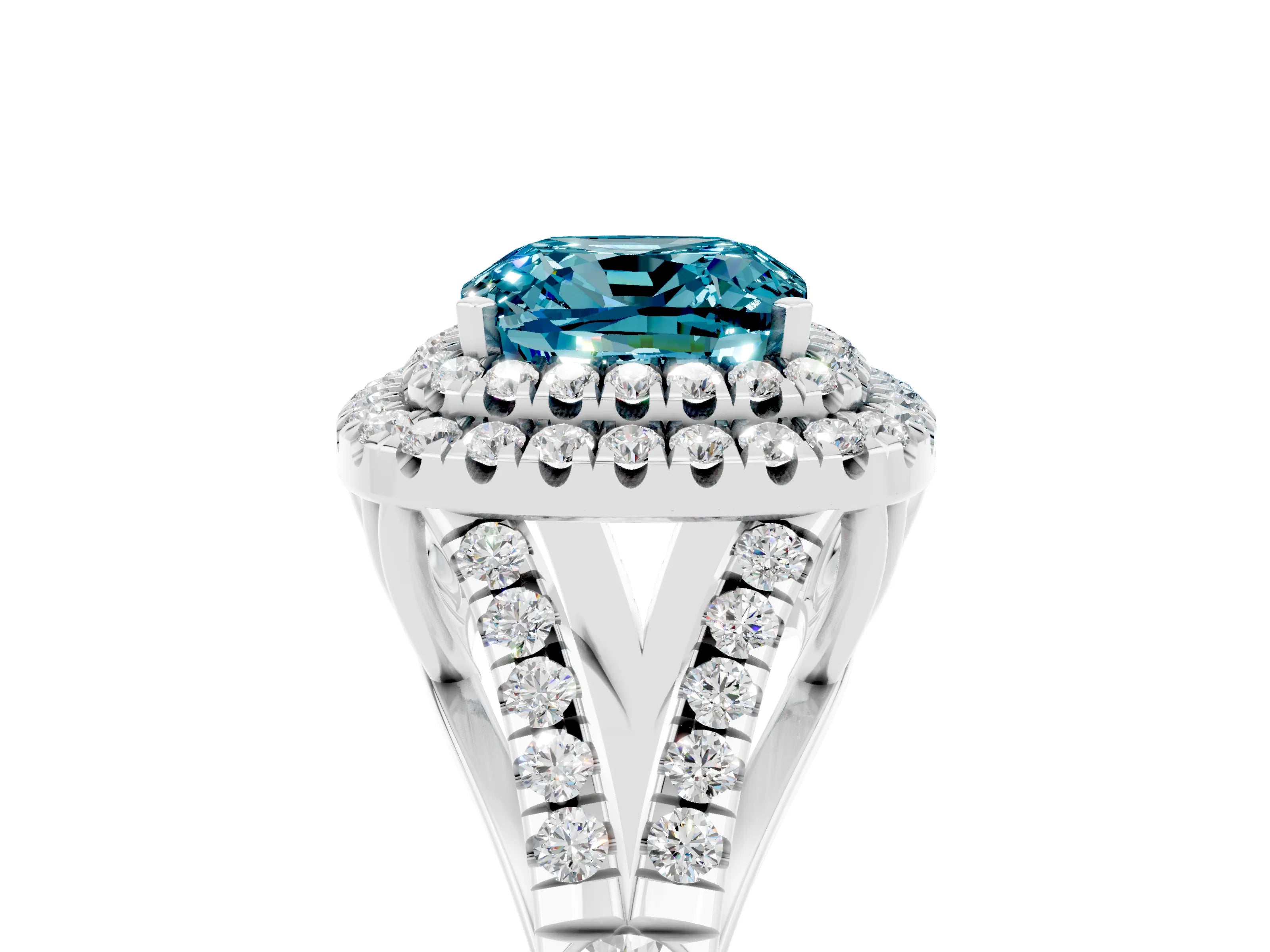 White gold Double Halo Cushion Cut Blue Topaz Pavé Split Shank Ring with Prong Setting_5