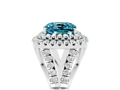 White gold Double Halo Cushion Cut Blue Topaz Pavé Split Shank Ring with Prong Setting_5