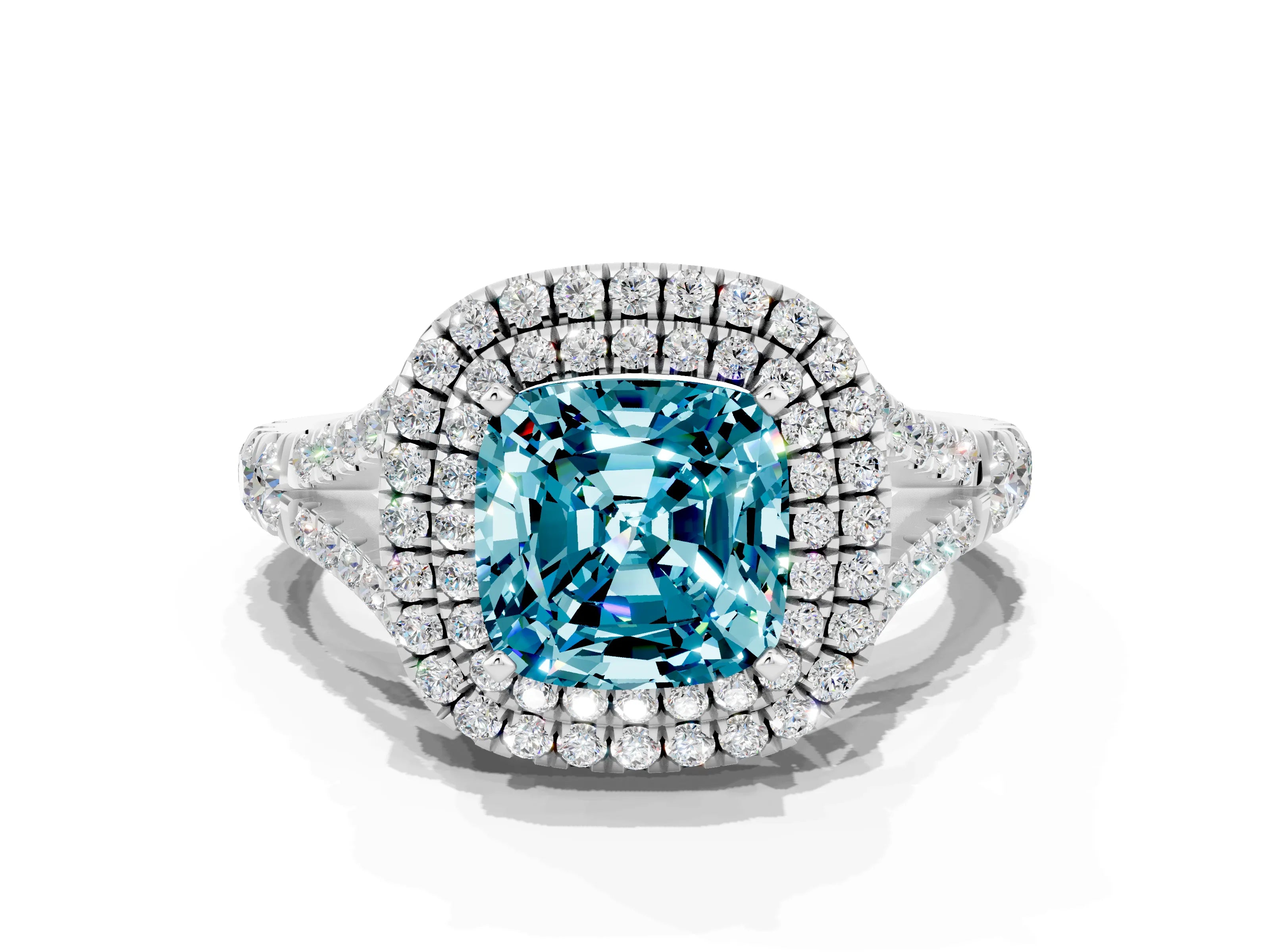 White gold Double Halo Cushion Cut Blue Topaz Pavé Split Shank Ring with Prong Setting