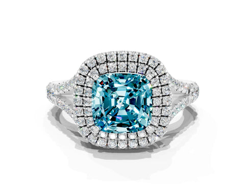 White gold Double Halo Cushion Cut Blue Topaz Pavé Split Shank Ring with Prong Setting