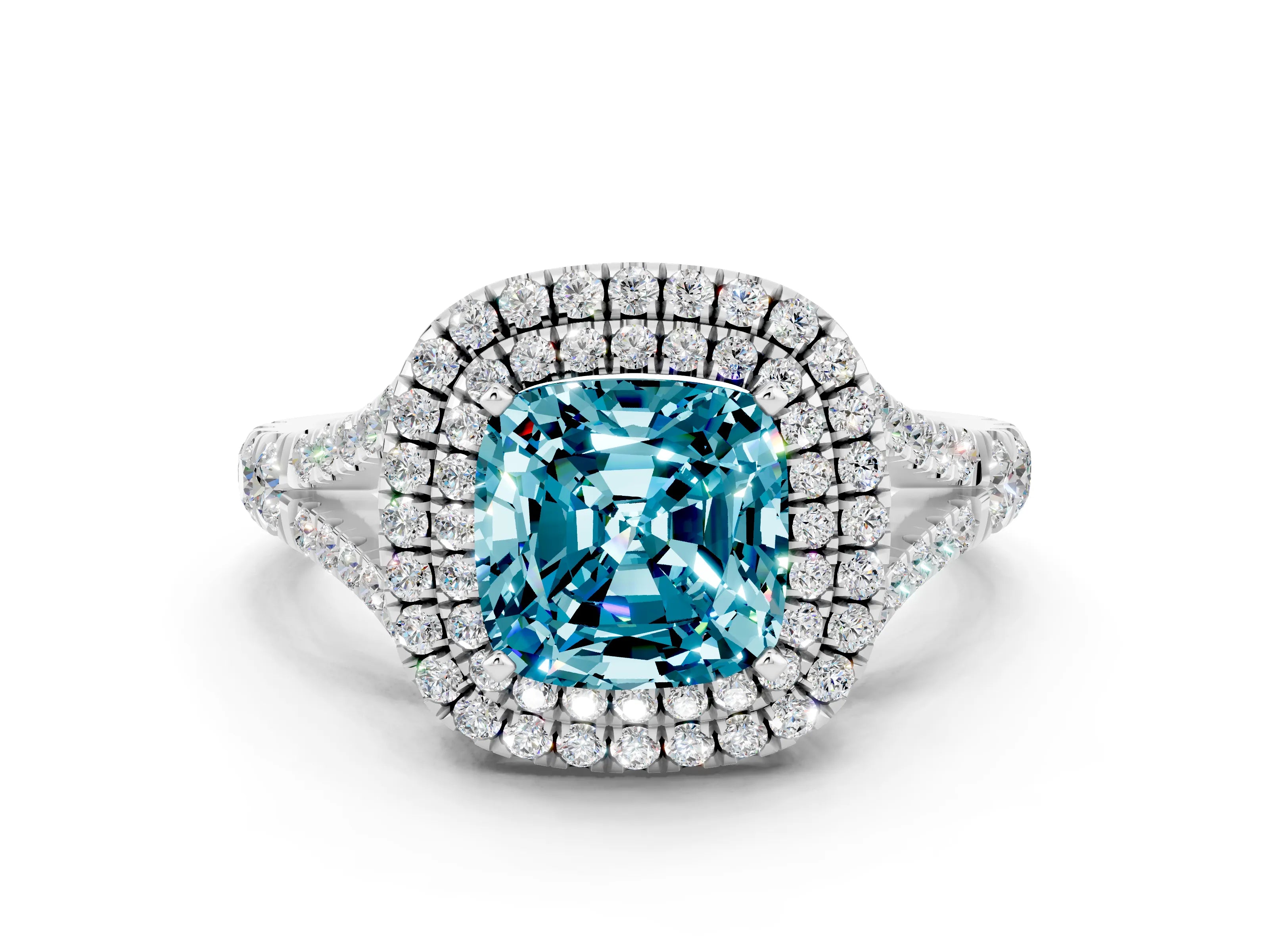 White gold Double Halo Cushion Cut Blue Topaz Split Shank Engagement Ring with Four-Prong Setting