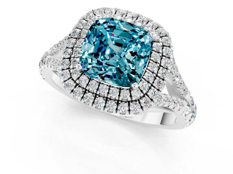 White gold Double Halo Cushion Cut Blue Topaz Split Shank Engagement Ring with Four-Prong Setting_1