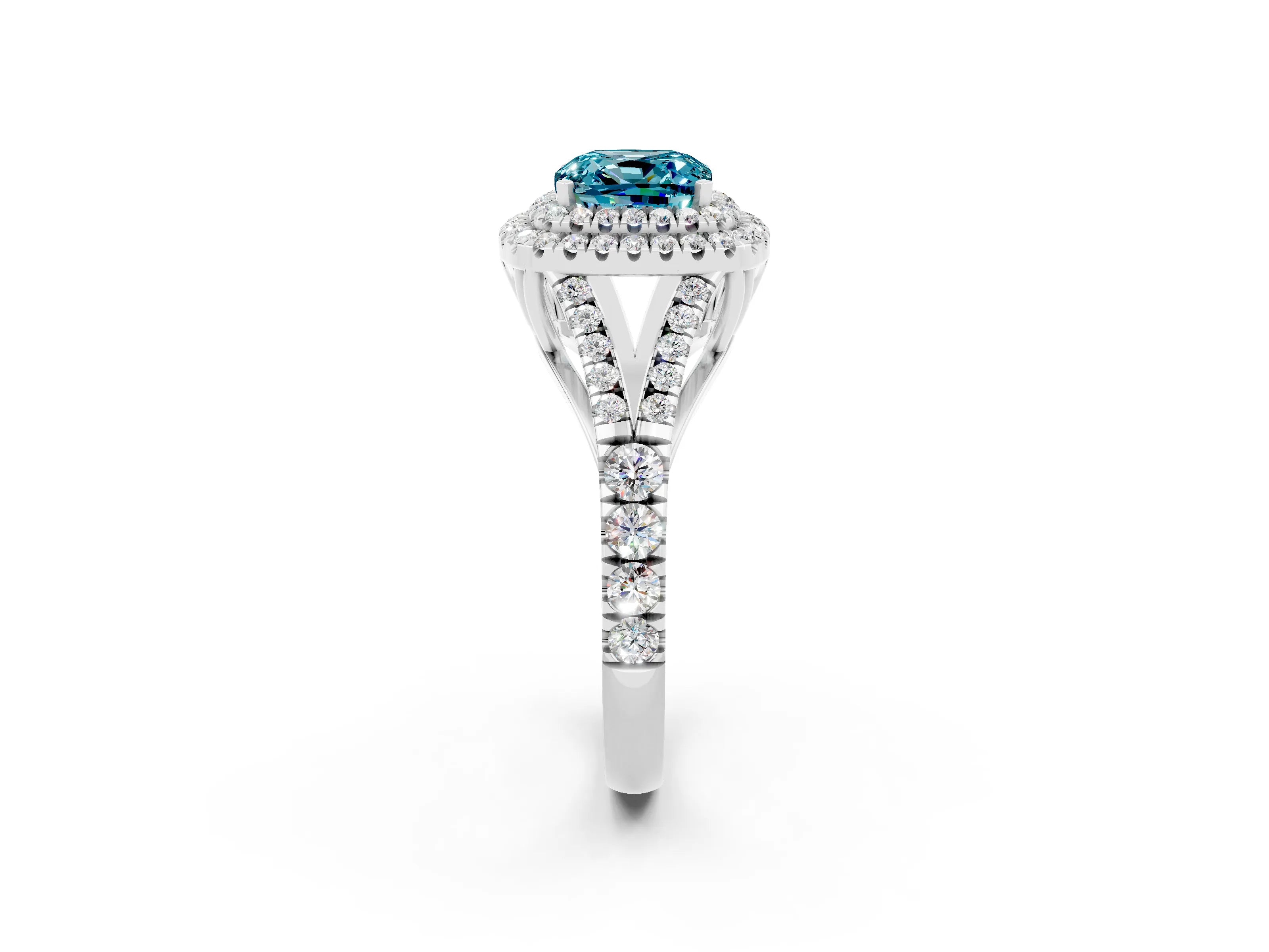 White gold Double Halo Cushion Cut Blue Topaz Split Shank Engagement Ring with Four-Prong Setting_2