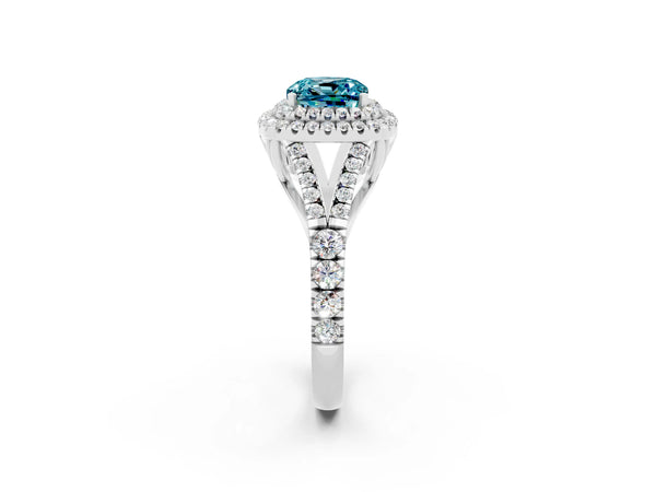 White gold Double Halo Cushion Cut Blue Topaz Split Shank Engagement Ring with Four-Prong Setting