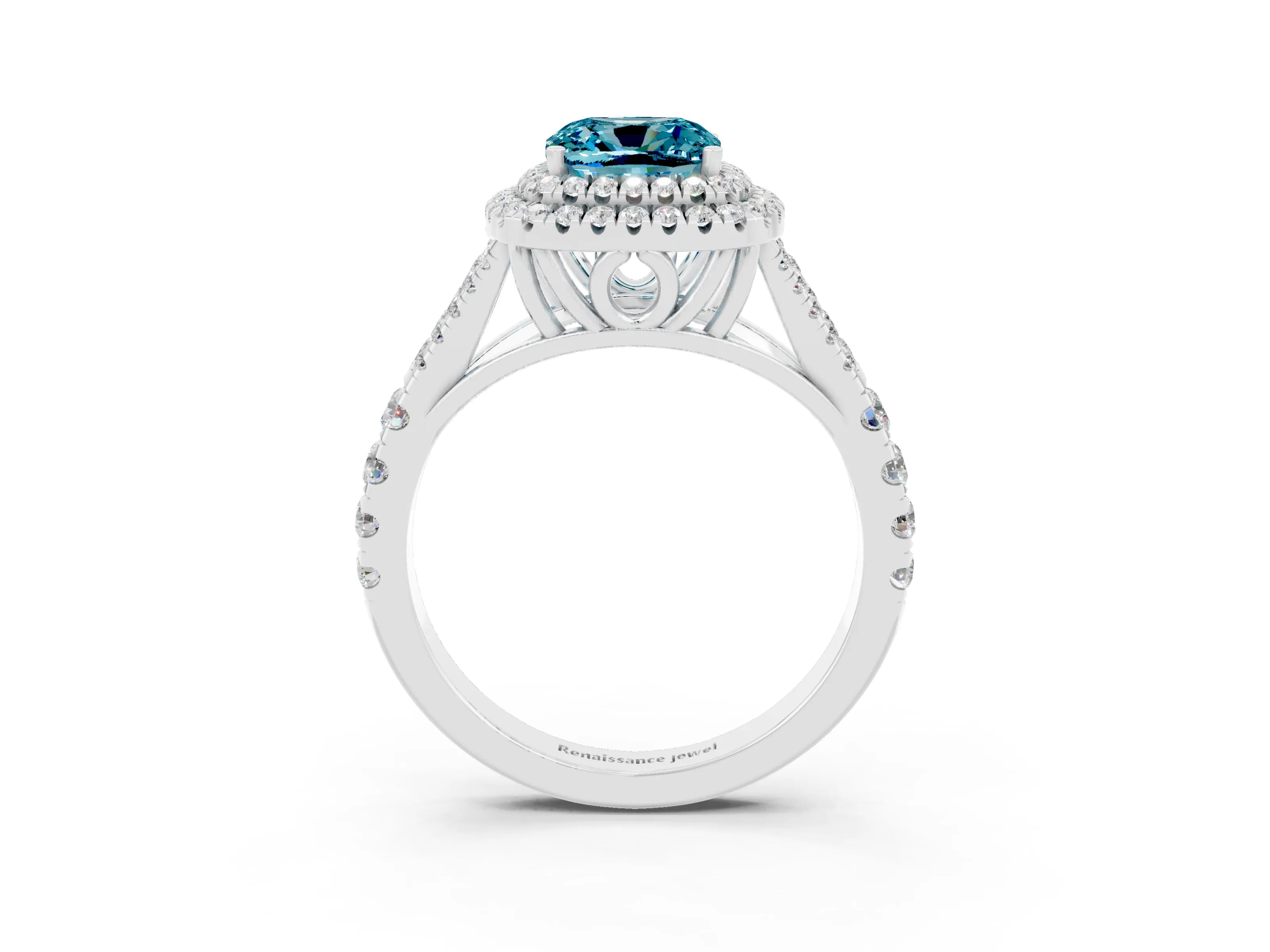 White gold Double Halo Cushion Cut Blue Topaz Split Shank Engagement Ring with Four-Prong Setting_3