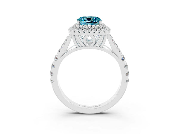 Platinum Double Halo Cushion Cut Blue Topaz Split Shank Engagement Ring with Four-Prong Setting