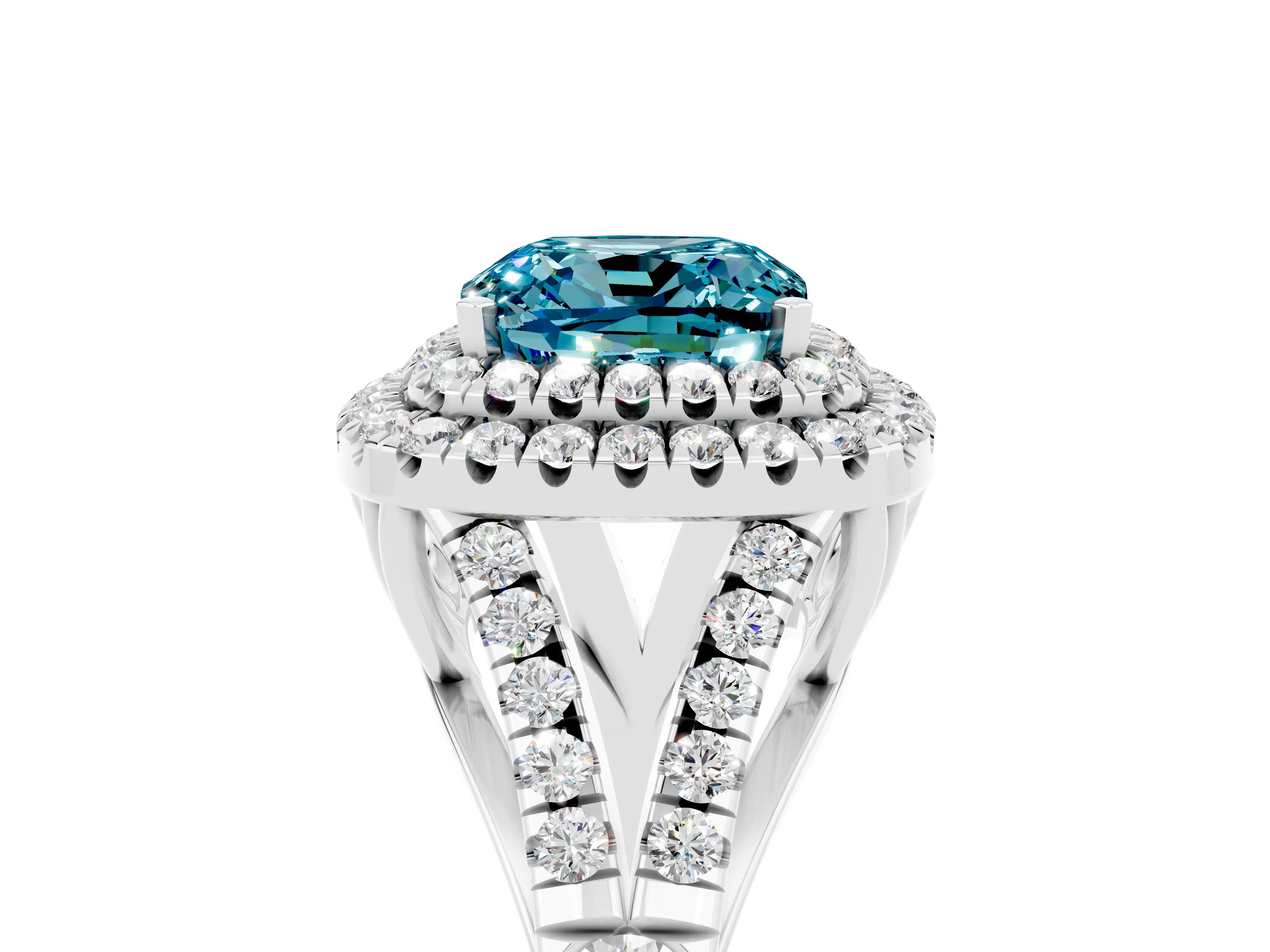 White gold Double Halo Cushion Cut Blue Topaz Split Shank Engagement Ring with Four-Prong Setting_5