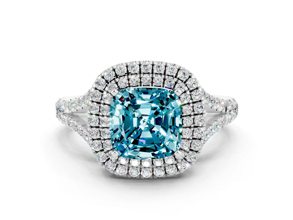 White gold Double Halo Cushion Cut Blue Topaz Split Shank Engagement Ring with Four-Prong Setting