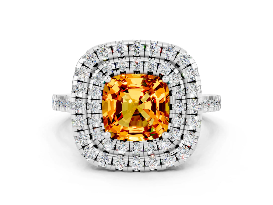 White gold Double Halo Cushion Cut Citrine Pavé Band with Four-Prong Setting