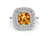 White gold Double Halo Cushion Cut Citrine Pavé Band with Four-Prong Setting