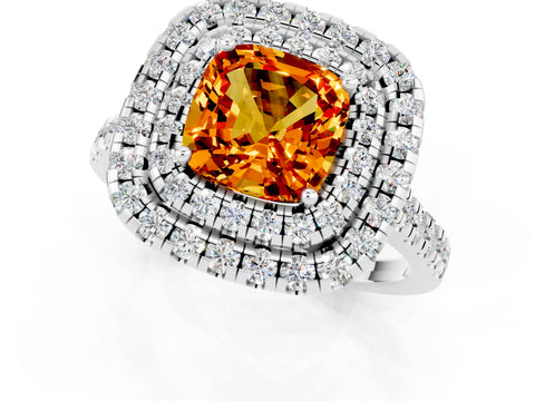 White gold Double Halo Cushion Cut Citrine Pavé Band with Four-Prong Setting_1