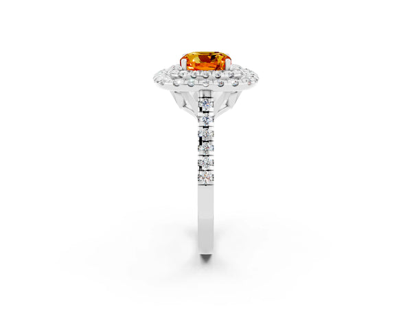 White gold Double Halo Cushion Cut Citrine Pavé Band with Four-Prong Setting