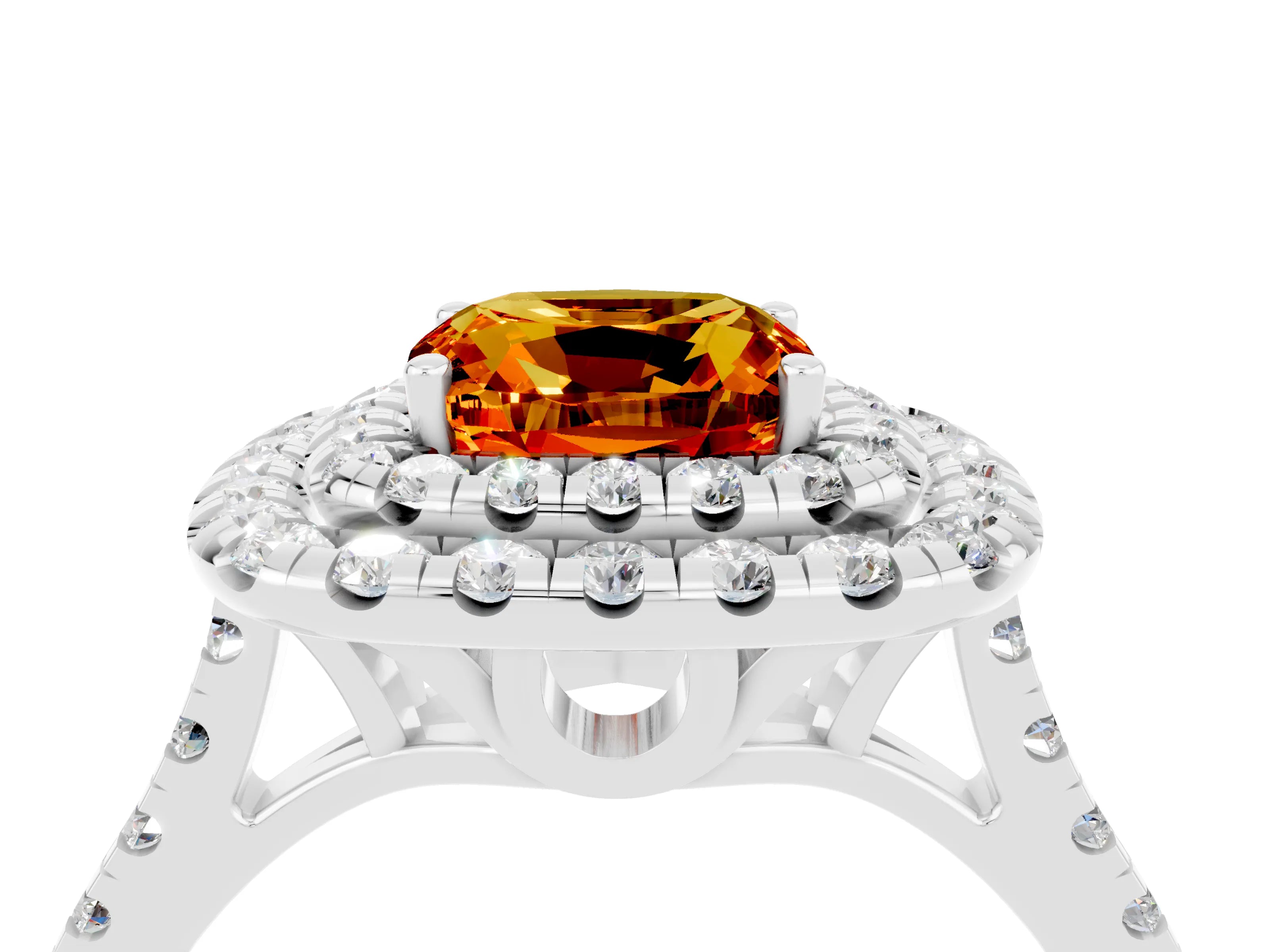 White gold Double Halo Cushion Cut Citrine Pavé Band with Four-Prong Setting_4