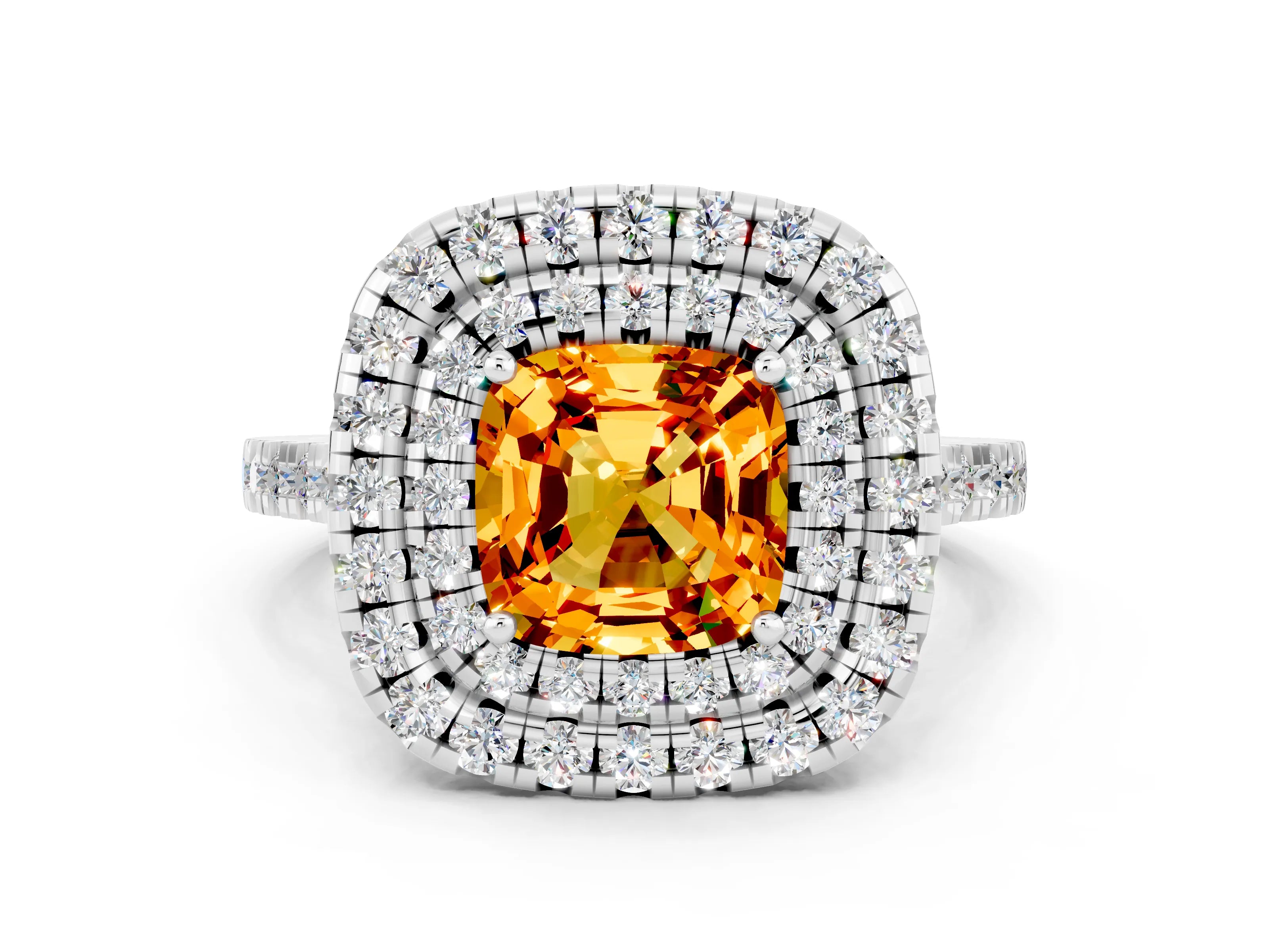 White gold Double Halo Cushion Cut Citrine Pavé Band with Four-Prong Setting