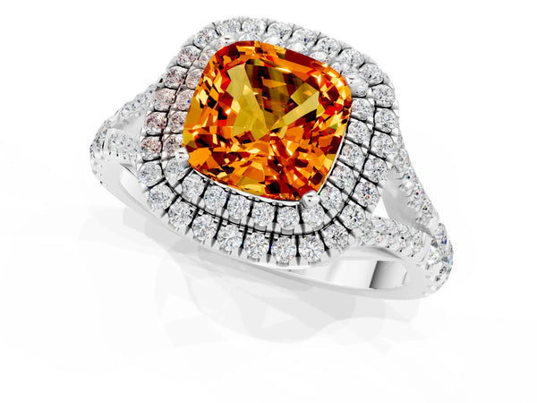 Silver Double Halo Cushion Cut Citrine Pavé Split Shank Ring with Prong Setting