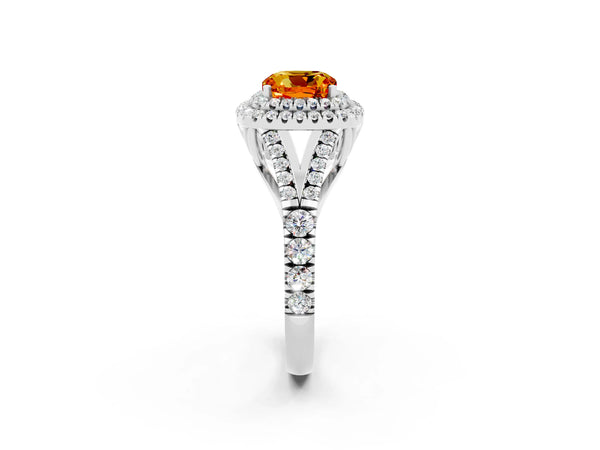 Silver Double Halo Cushion Cut Citrine Pavé Split Shank Ring with Prong Setting