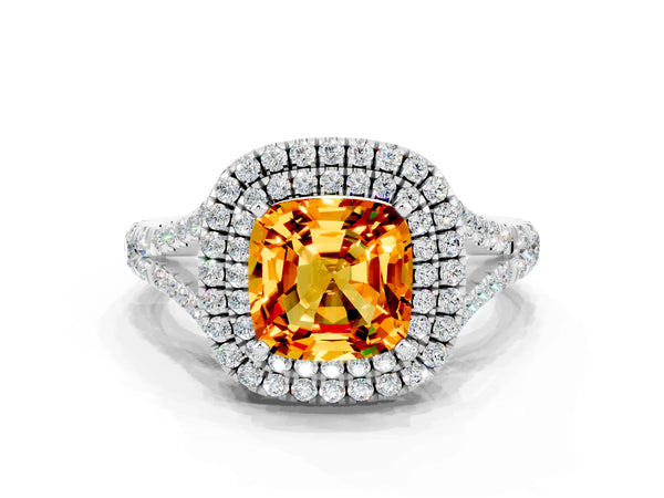 White gold Double Halo Cushion Cut Citrine Pavé Split Shank Ring with Prong Setting