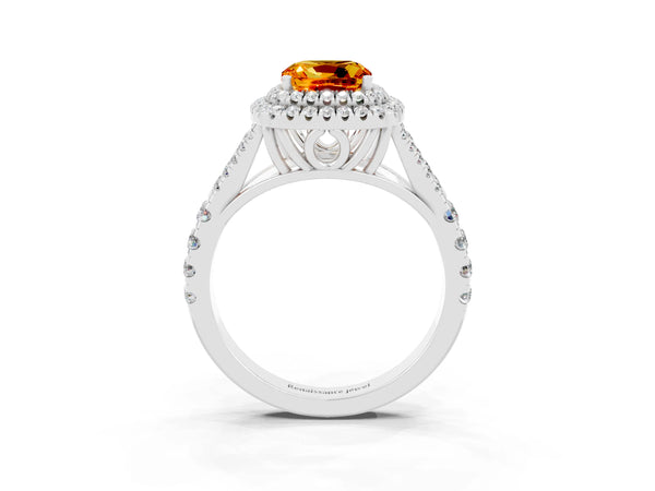 Platinum Double Halo Cushion Cut Citrine Pavé Split Shank Ring with Prong Setting