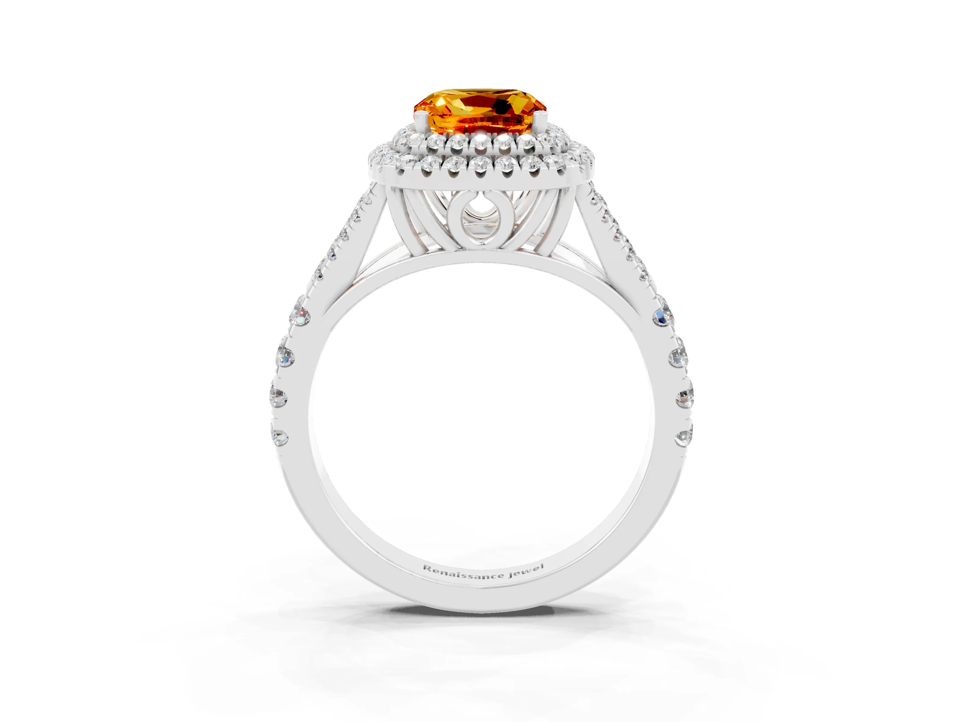 White gold Double Halo Cushion Cut Citrine Pavé Split Shank Ring with Prong Setting_3