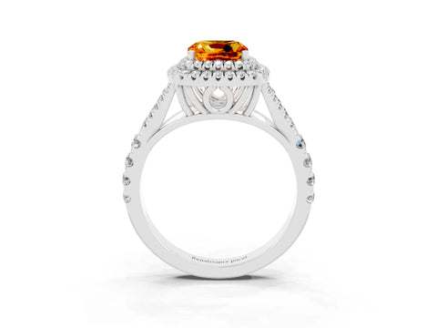 White gold Double Halo Cushion Cut Citrine Pavé Split Shank Ring with Prong Setting_3