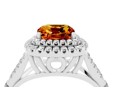 White gold Double Halo Cushion Cut Citrine Pavé Split Shank Ring with Prong Setting_4