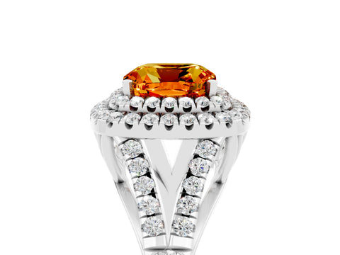 White gold Double Halo Cushion Cut Citrine Pavé Split Shank Ring with Prong Setting_5