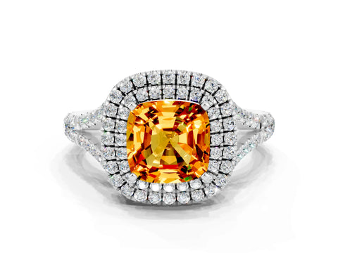 White gold Double Halo Cushion Cut Citrine Pavé Split Shank Ring with Prong Setting