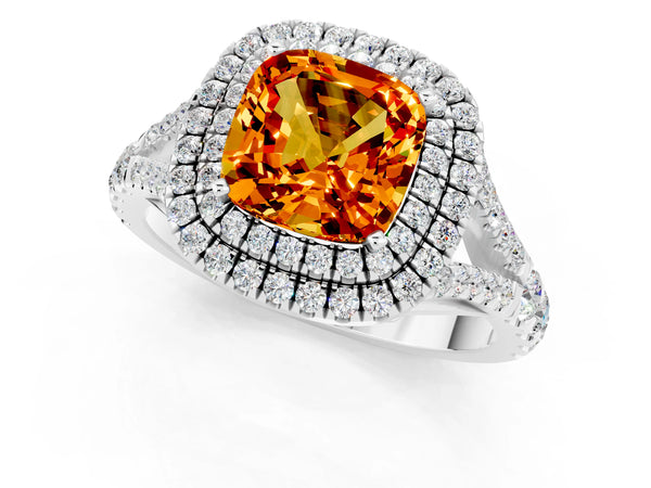 Silver Double Halo Cushion Cut Citrine Split Shank Engagement Ring with Four-Prong Setting