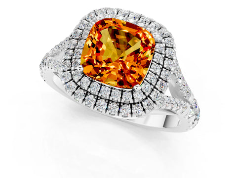 White gold Double Halo Cushion Cut Citrine Split Shank Engagement Ring with Four-Prong Setting_1