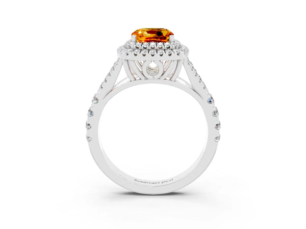 Silver Double Halo Cushion Cut Citrine Split Shank Engagement Ring with Four-Prong Setting