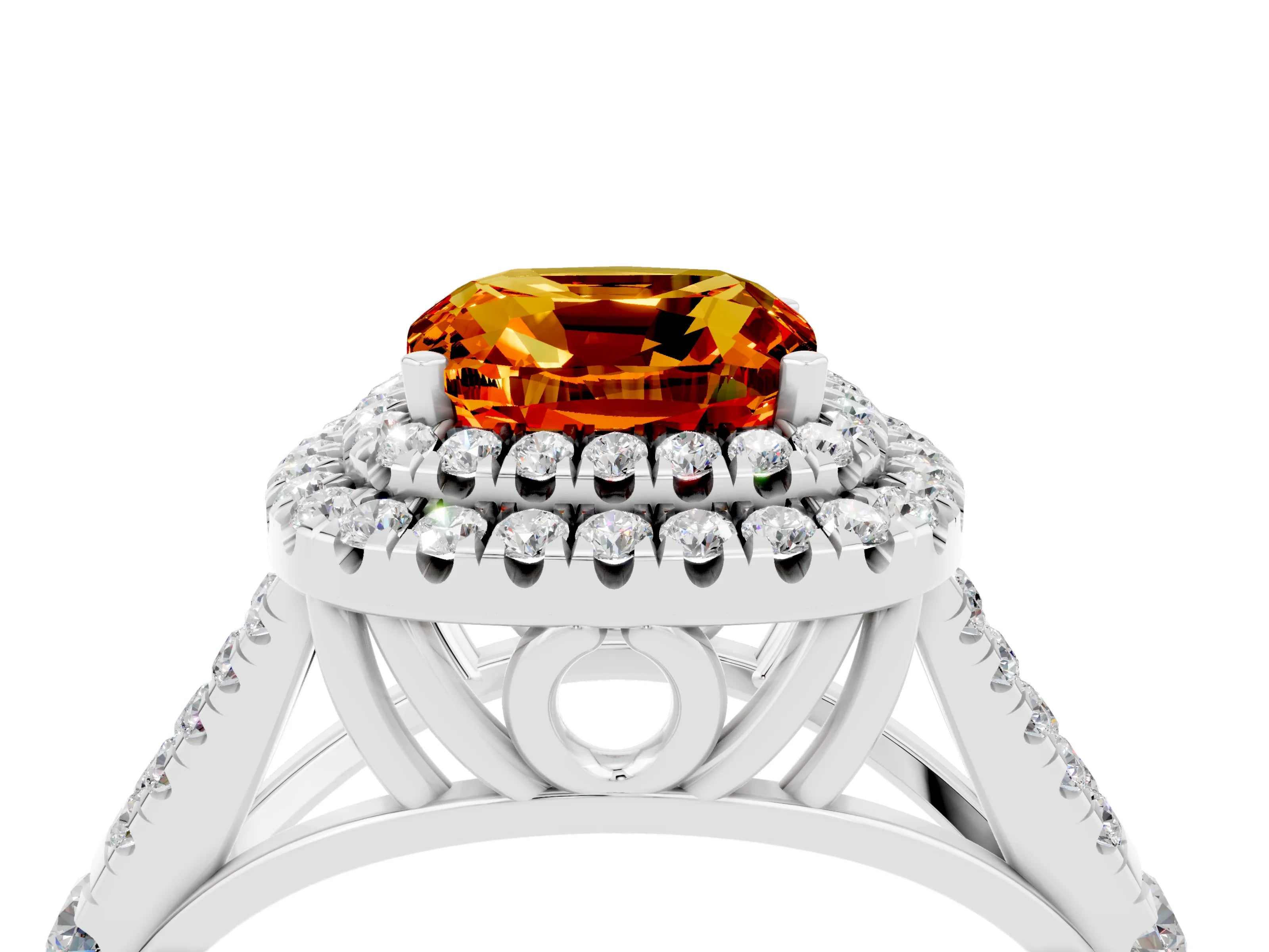 White gold Double Halo Cushion Cut Citrine Split Shank Engagement Ring with Four-Prong Setting_4