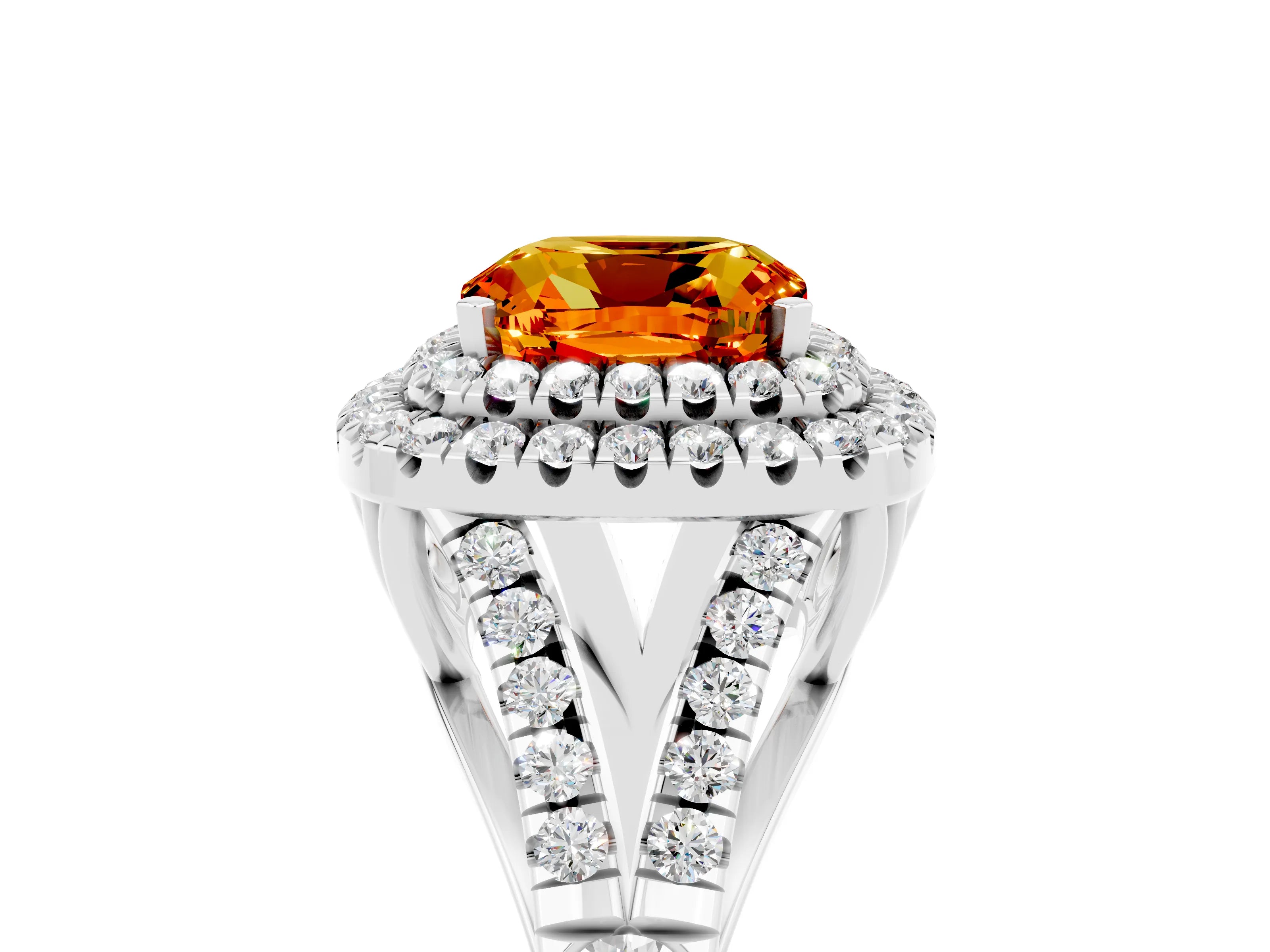White gold Double Halo Cushion Cut Citrine Split Shank Engagement Ring with Four-Prong Setting_5