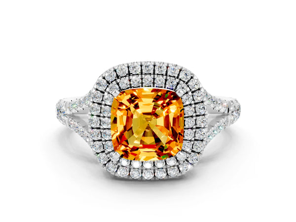 Silver Double Halo Cushion Cut Citrine Split Shank Engagement Ring with Four-Prong Setting