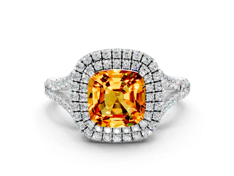 White gold Double Halo Cushion Cut Citrine Split Shank Engagement Ring with Four-Prong Setting