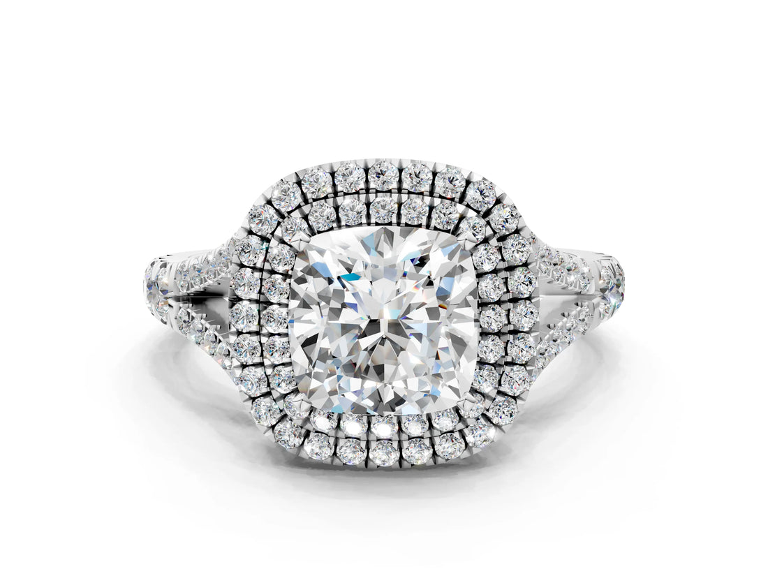 White gold Double Halo Cushion Cut Diamond Split Shank Engagement Ring with Four-Prong Setting_3