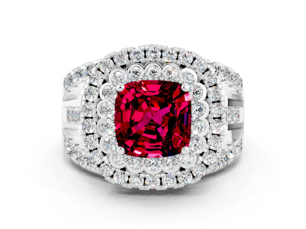 Platinum Cushion Cut Garnet Double Halo Ring with Round Pavé Split Shank and Prong Setting