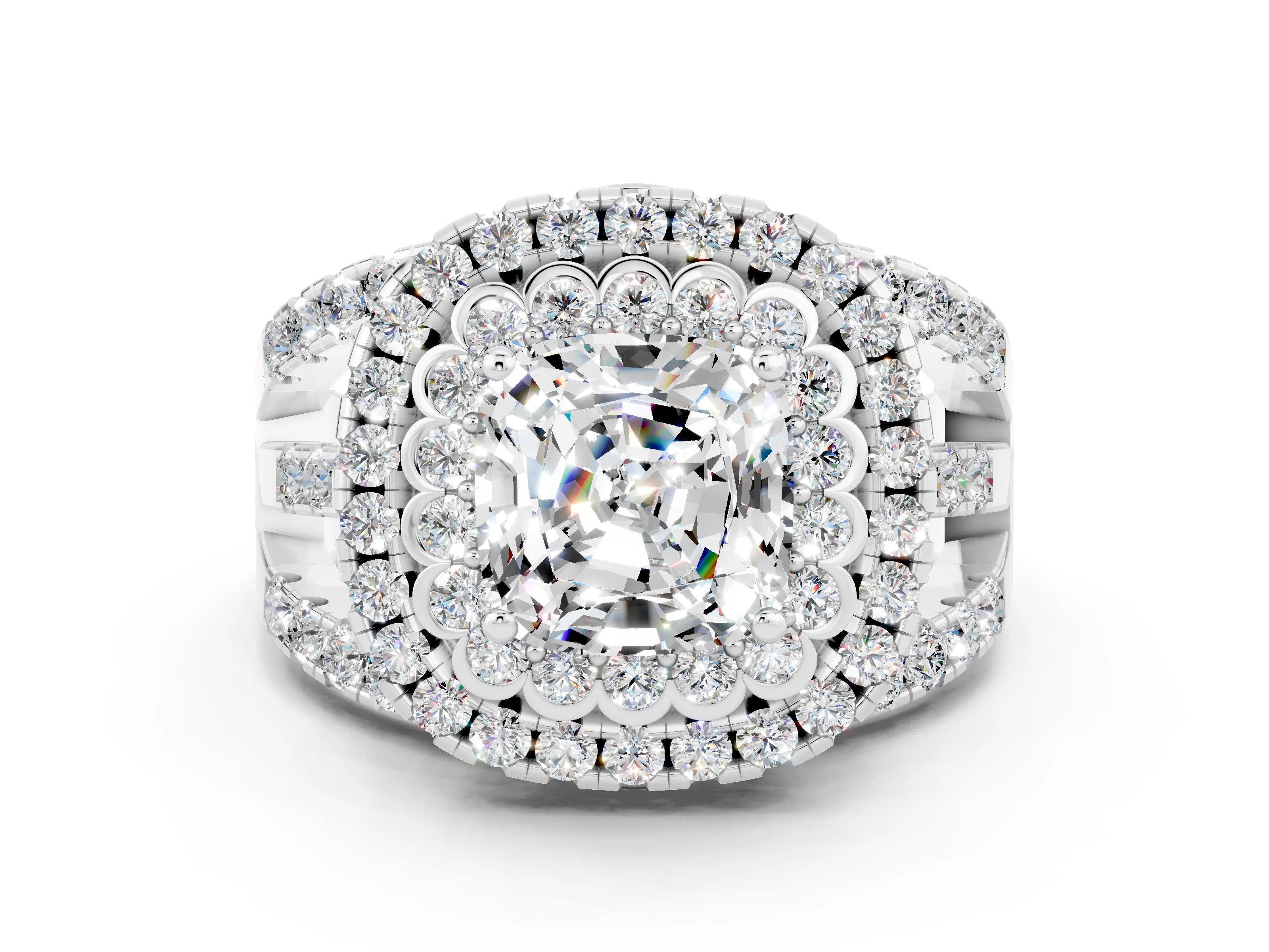White gold Double Halo Cushion Cut Diamond Split Shank Pave Set Ring