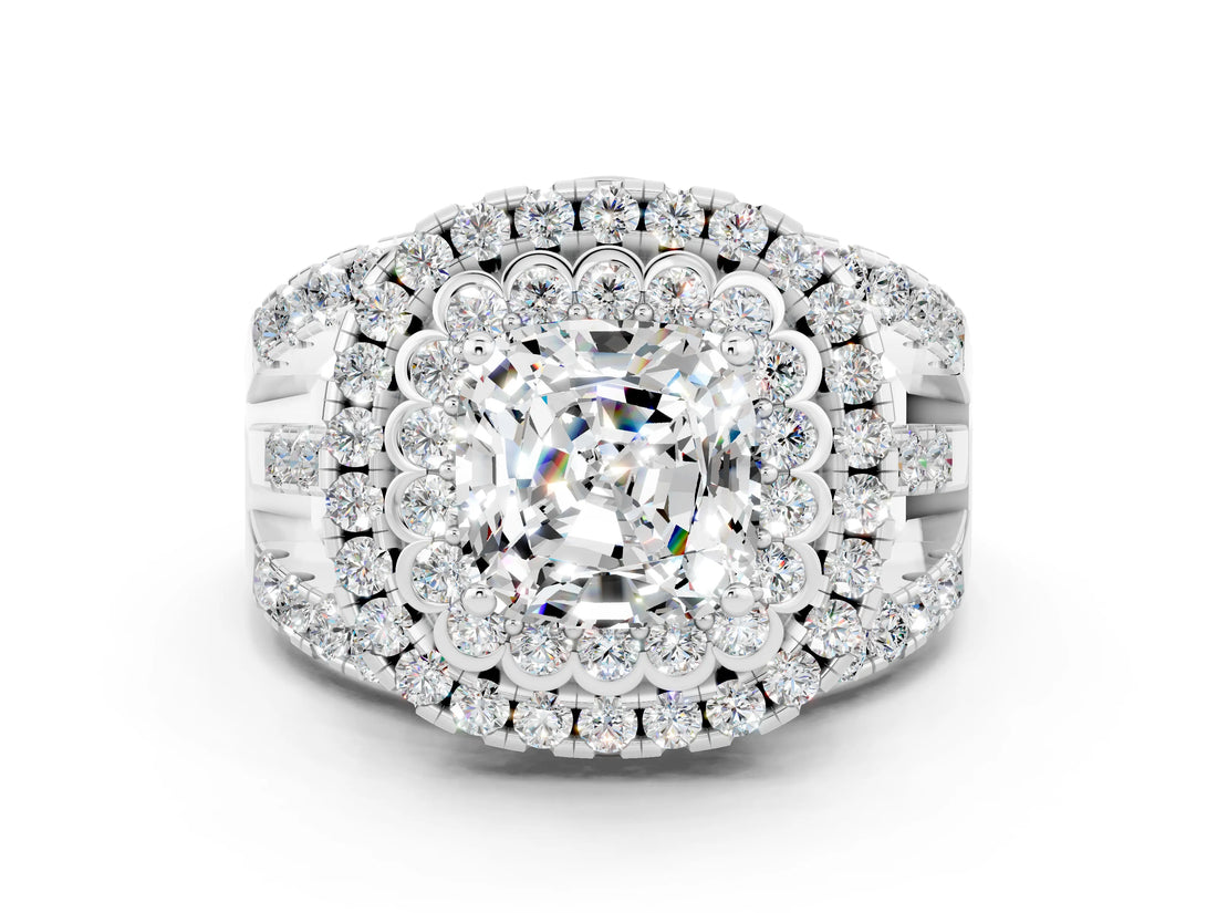 White gold Double Halo Cushion Cut Diamond Split Shank Pave Set Ring