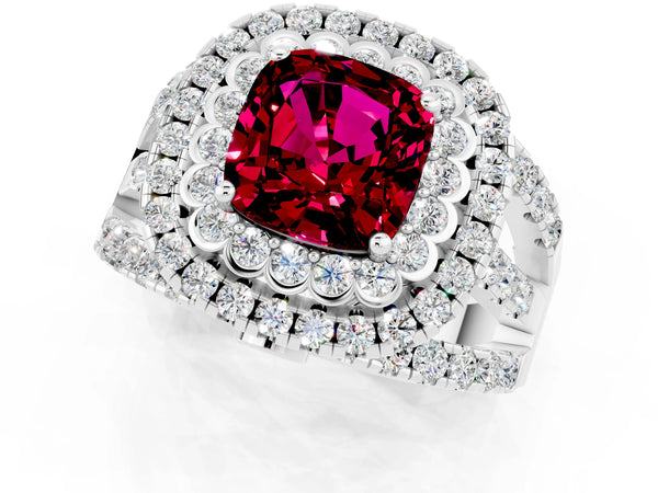 Platinum Cushion Cut Garnet Double Halo Ring with Round Pavé Split Shank and Prong Setting