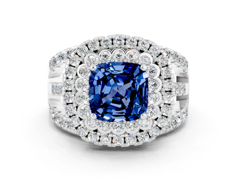 White gold Double Halo Cushion Cut Diamond Split Shank Pave Set Ring