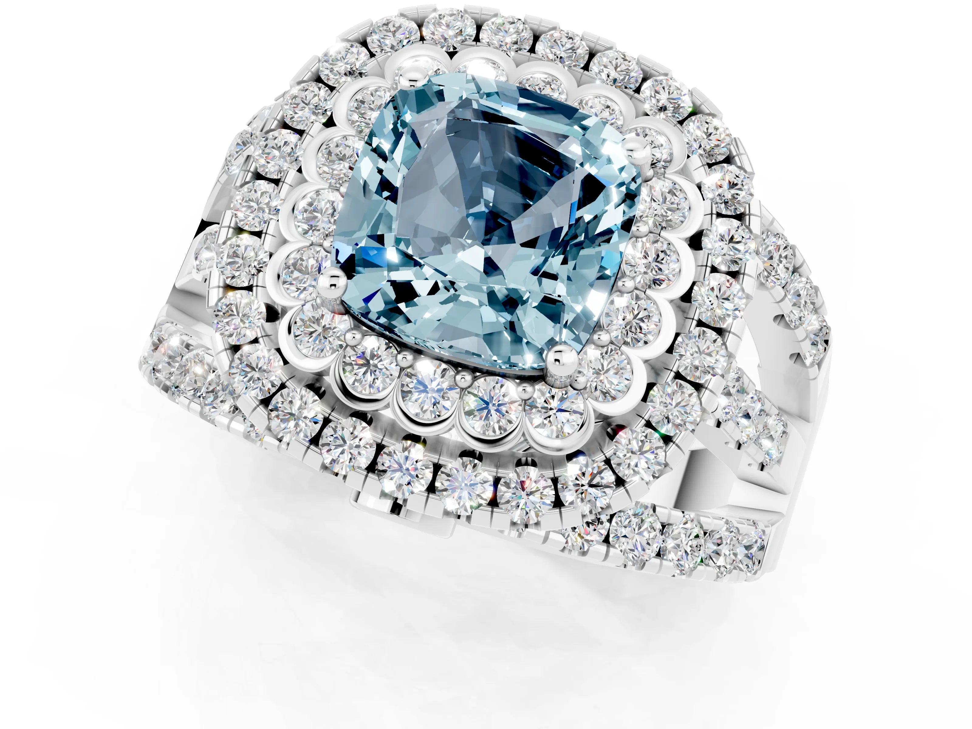 White gold Double Halo Cushion Cut Diamond Split Shank Pave Set Ring_1