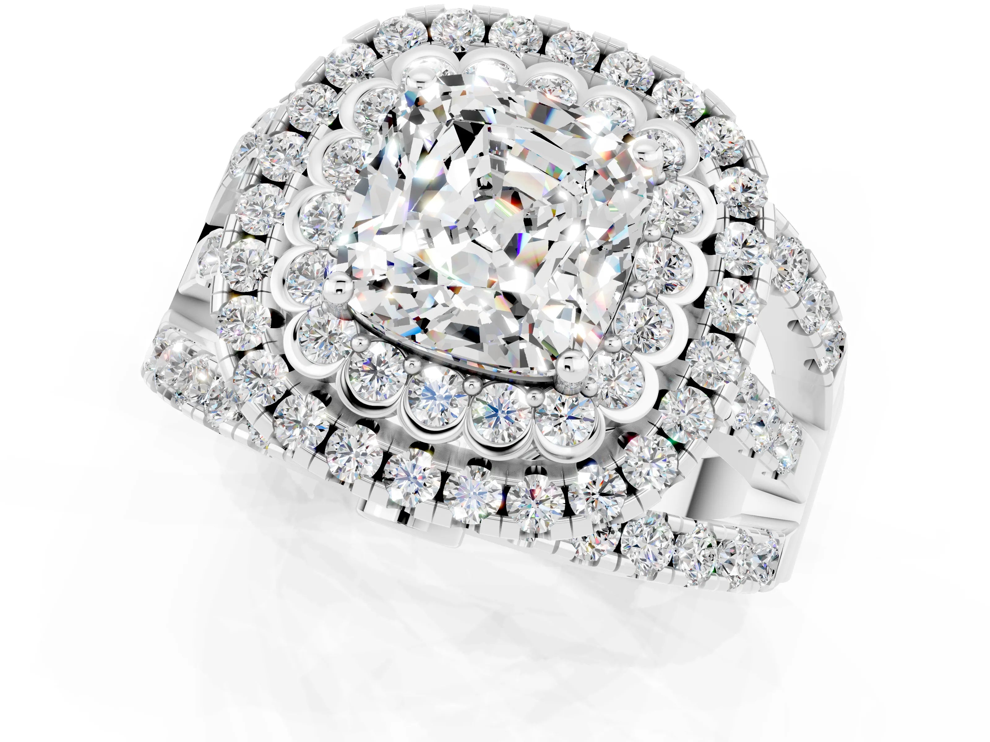 White gold Double Halo Cushion Cut Diamond Split Shank Pave Set Ring_1